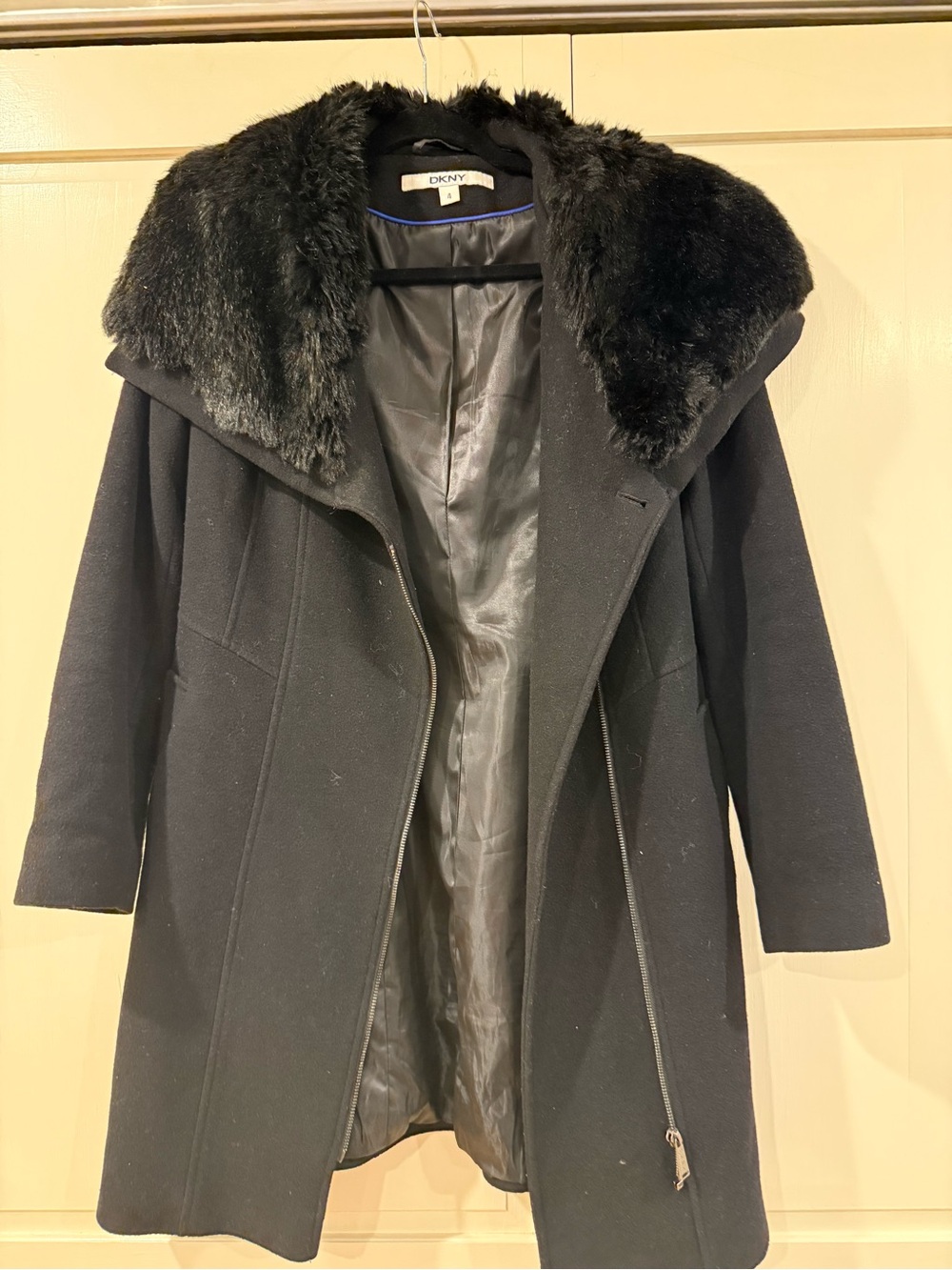 DKNY Black Pea Coat with Faux Fur Collar